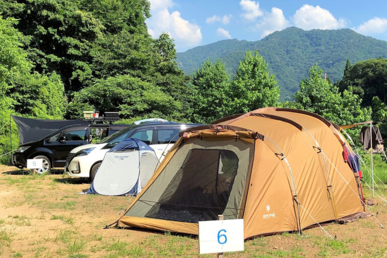 オートサイトに停められた車とテント、背後に山並み